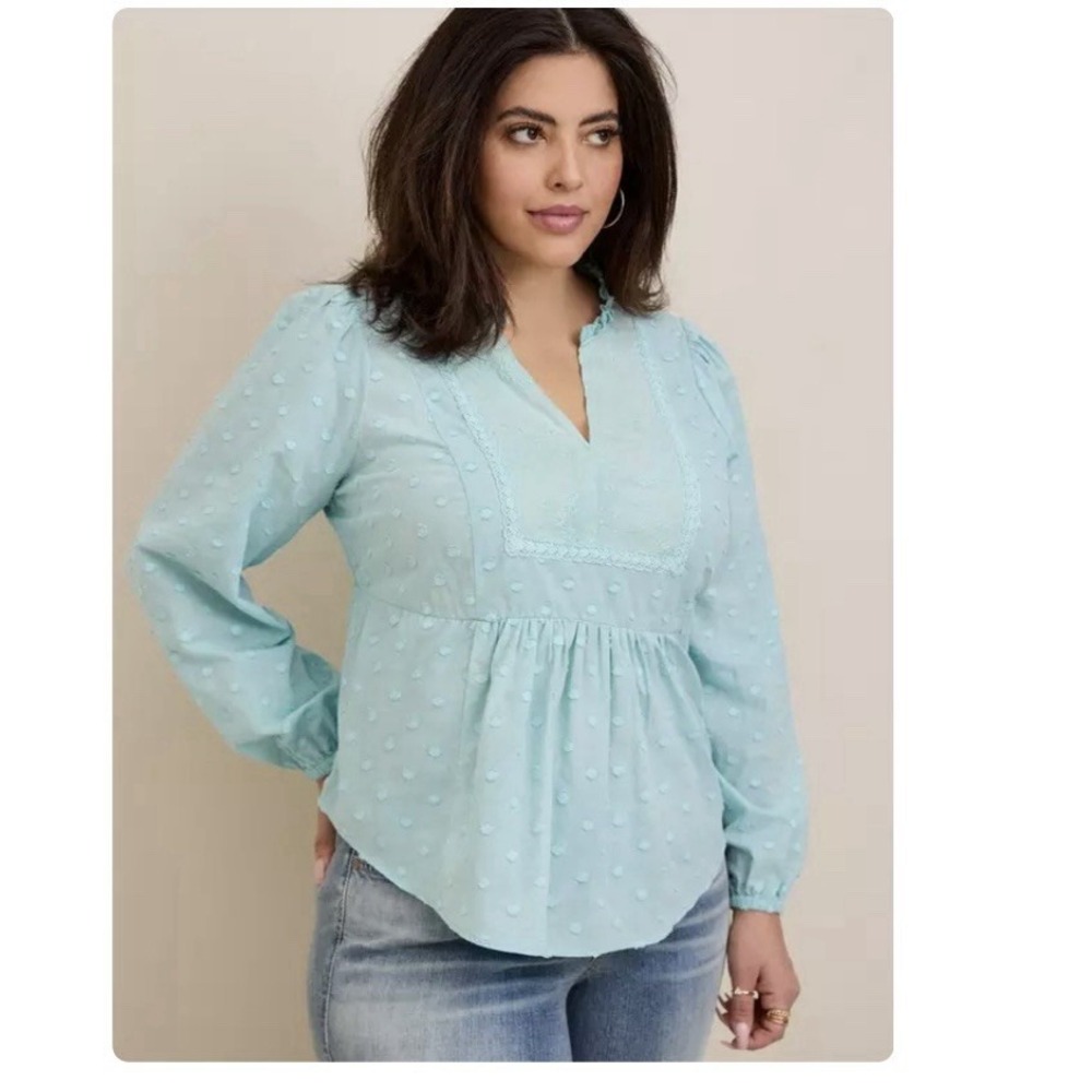 Torrid‎ Aqua Blue Clip Dot Eyelet V Neck Cotton Long Sleeve Top Size 4X